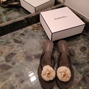 Rare Black Chanel Kitten Heel with CC logo on beige flowers